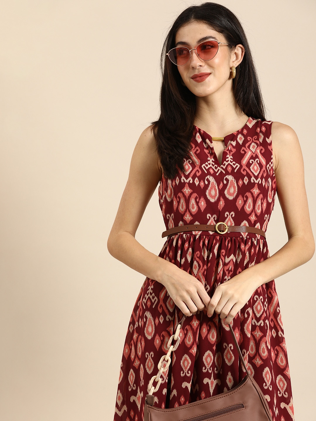 all about you Women Maroon & Beige Ethnic Motifs Printed Maxi Dress With A Belt Price in India