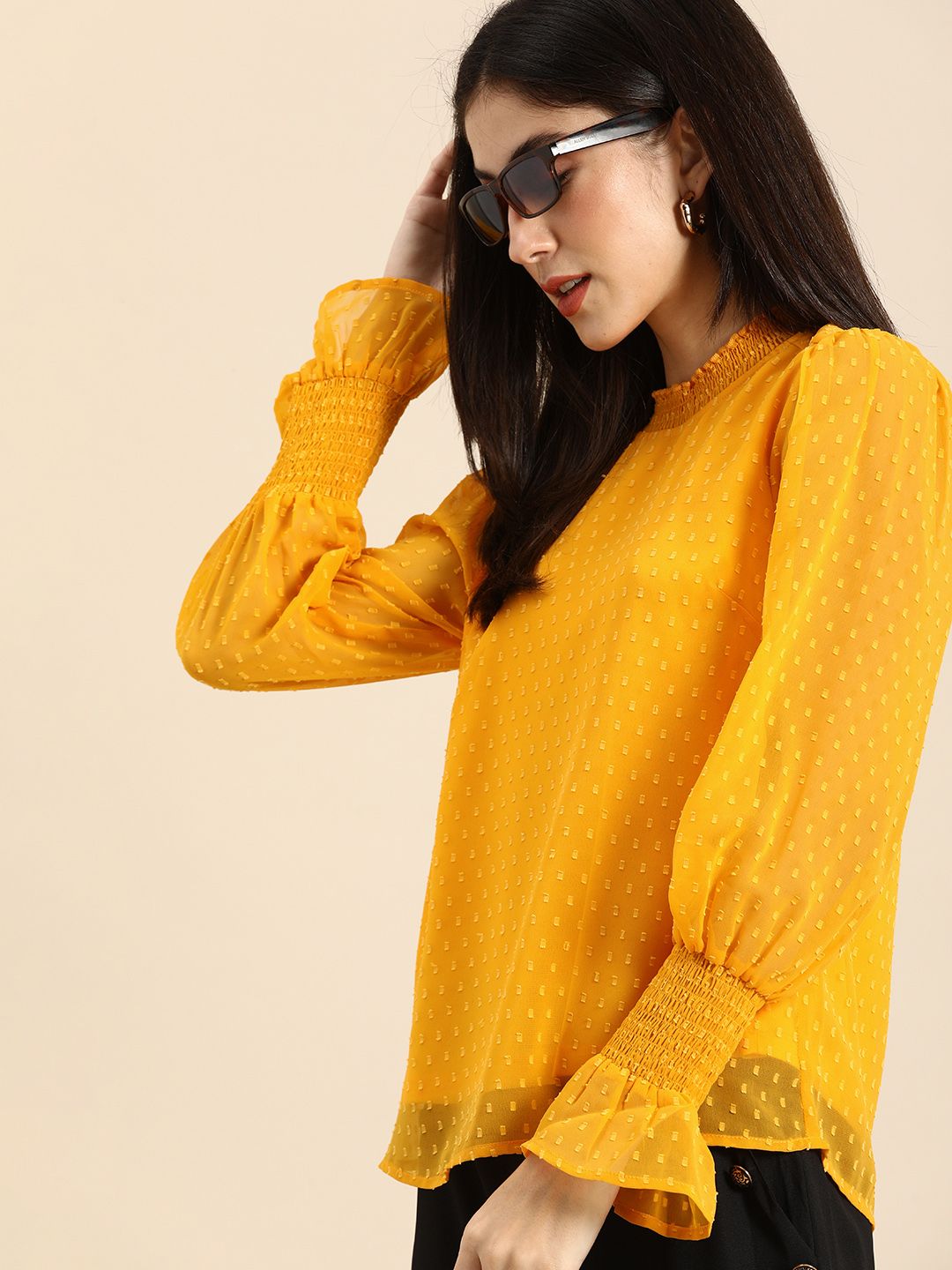 all about you Women Mustard Yellow Self Design Smocking Detail Top Price in India