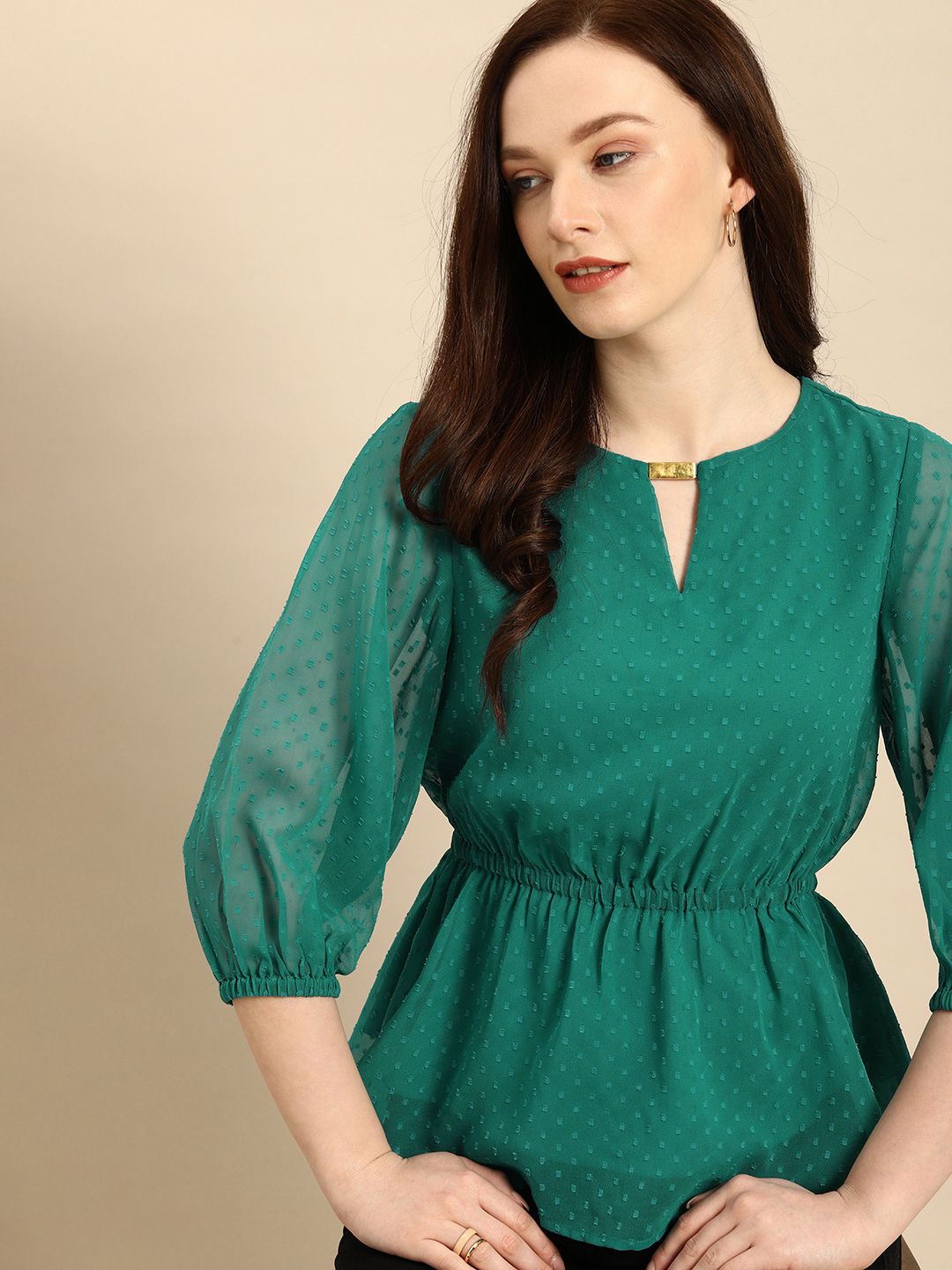 all about you Teal Blue Self Design Keyhole Neck Peplum Top
