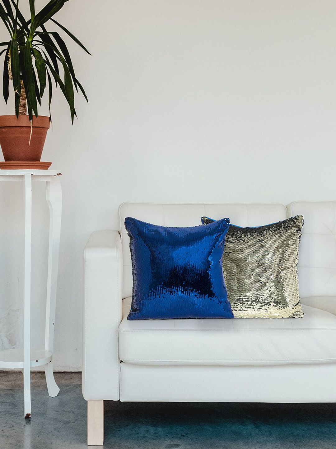 Golden Peacock Silver-Toned & Blue Set of 2 Embellished Square Cushion Covers Price in India