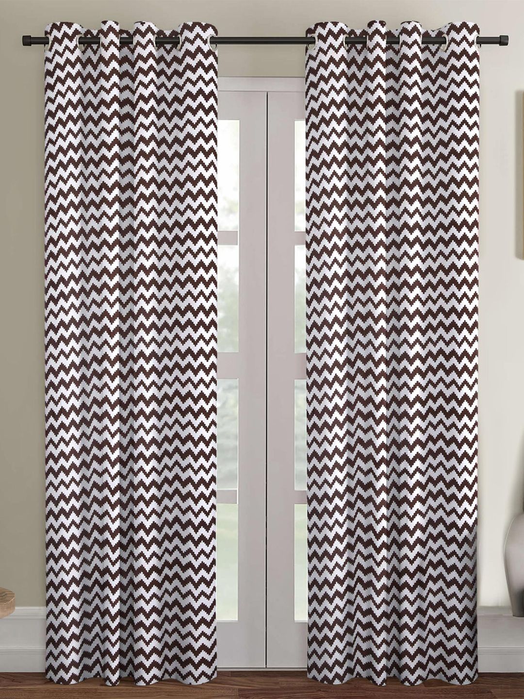 Ispace Set of 2 Brown & White Geometric Sheer Door Curtain Price in India