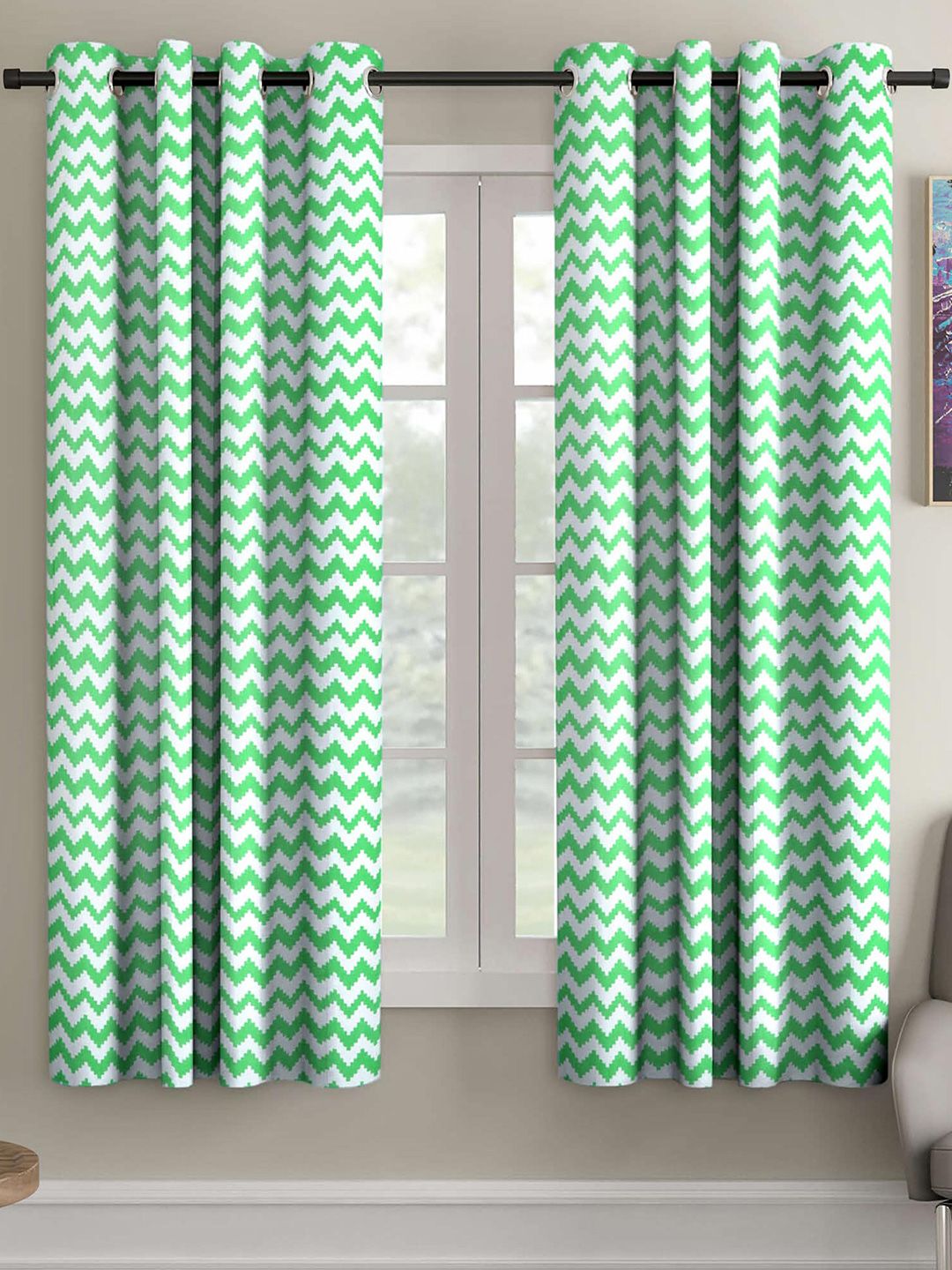 Ispace Green & White Set of 2 Floral Sheer Window Curtain Price in India