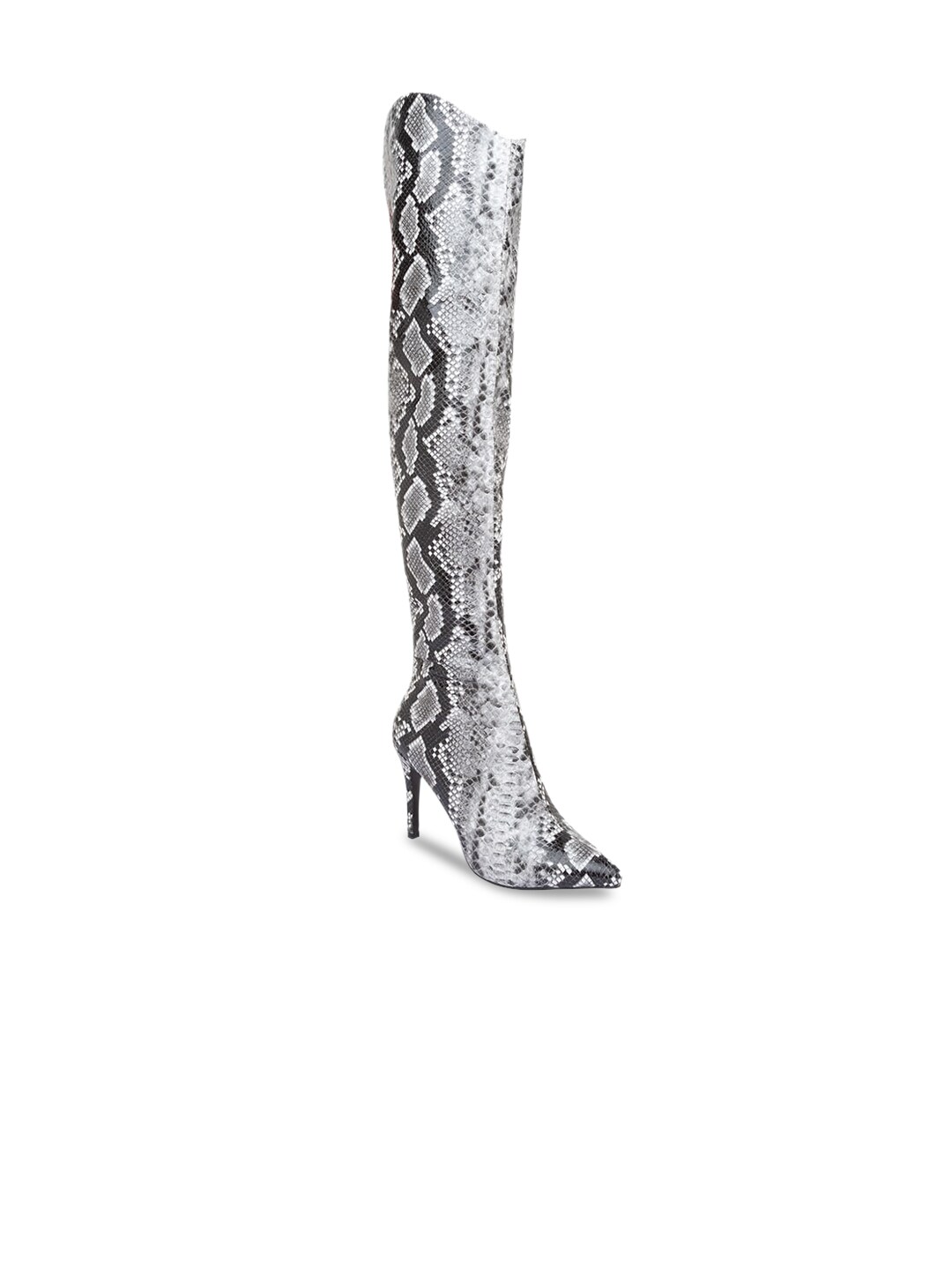 Sole To Soul White Printed Party High-Top Stiletto Heeled Boots with Buckles Price in India