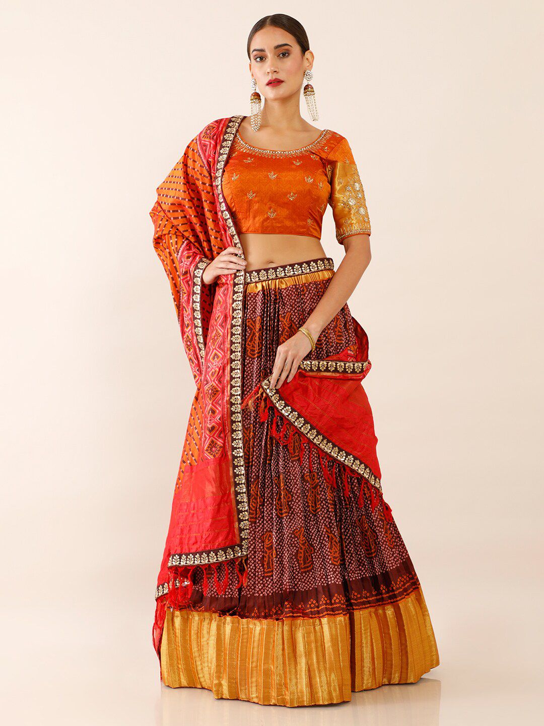 Soch Orange & Maroon Printed Unstitched Lehenga & Blouse With Dupatta