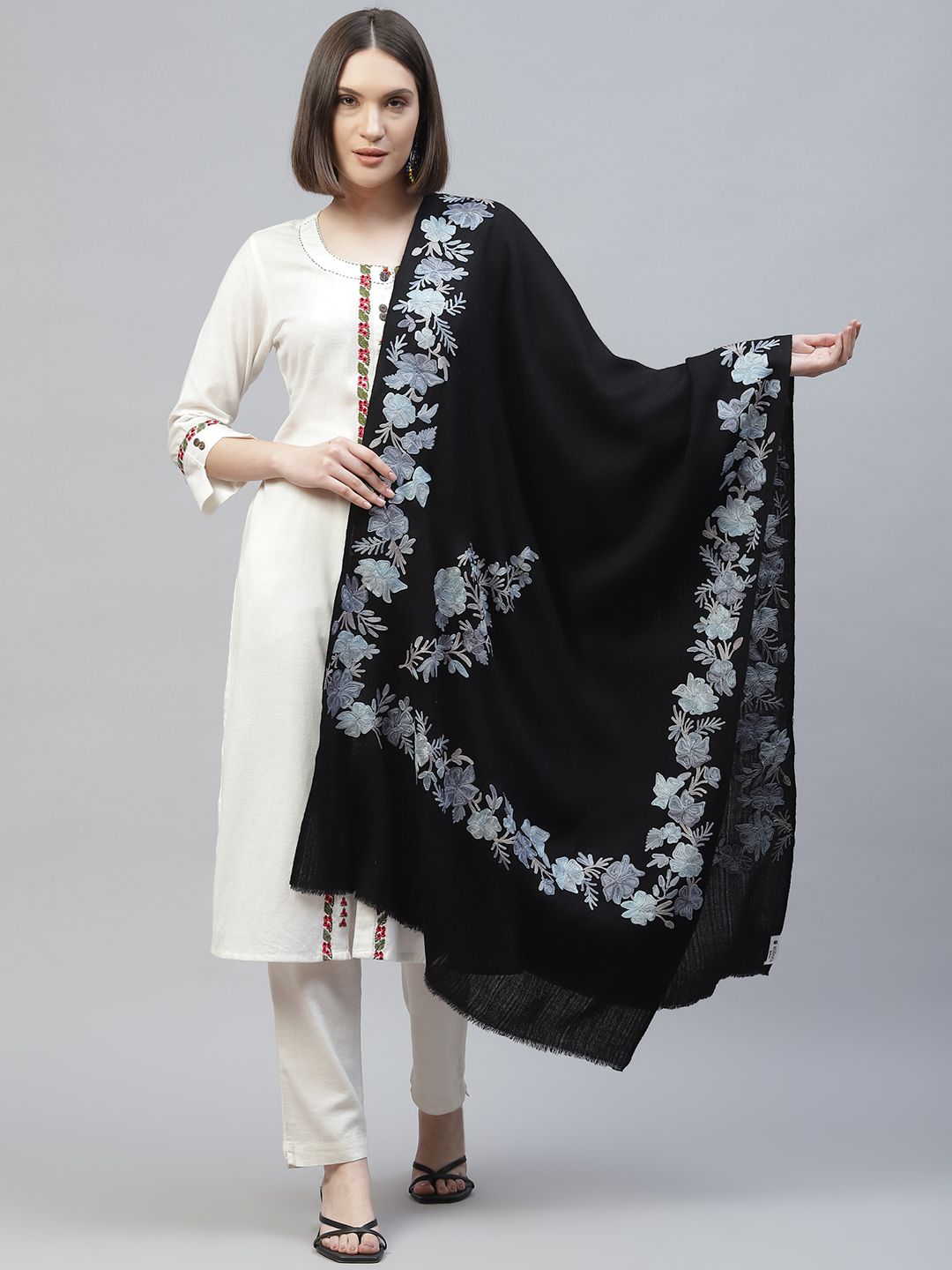 MODARTA Black Woolen Shawl with Floral Embroidery Price in India