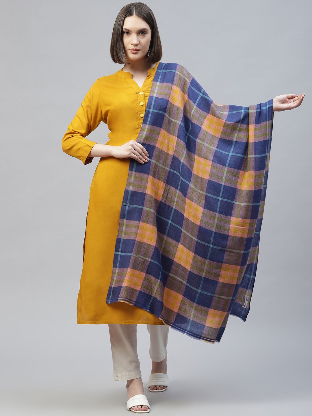 MODARTA Blue & Yellow Handwoven Plaid Check Pashmina Shawl Price in India