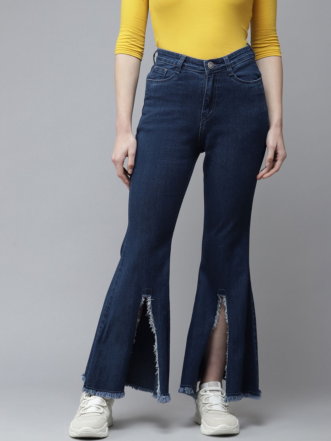 The Dry State Women Navy Blue Bootcut High-Rise Stretchable Jeans With Frayed Front Slit Price in India