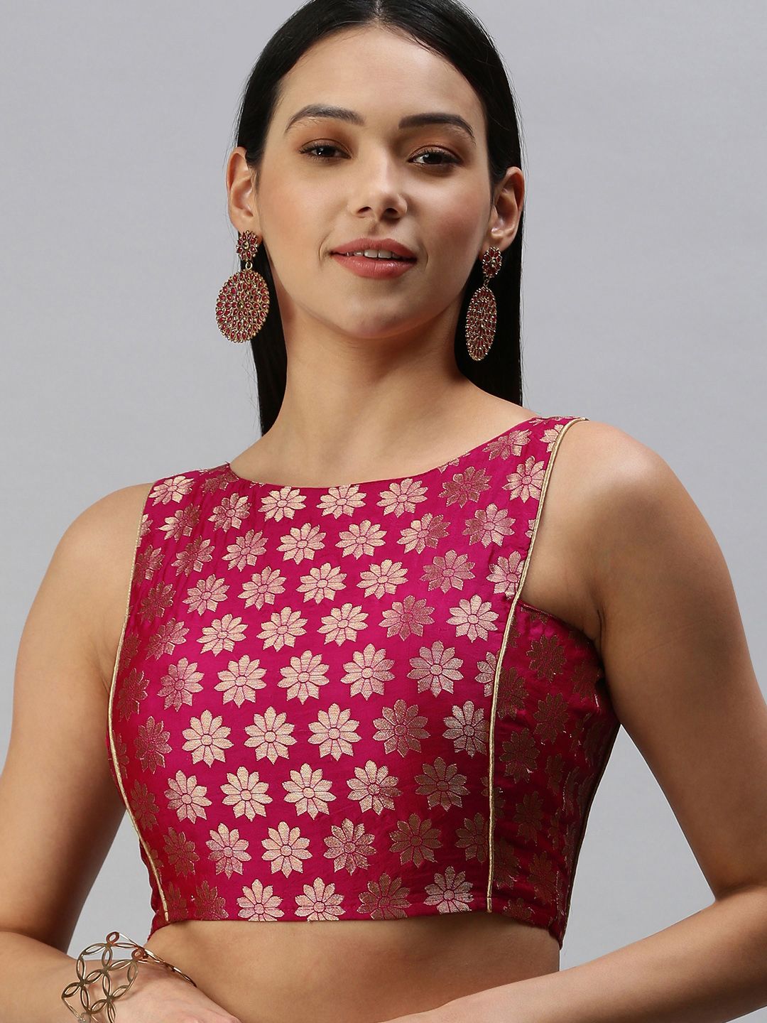 flaher Women Pink & Golden Ethnic Motifs Woven Design Jacquard Padded Blouse Price in India