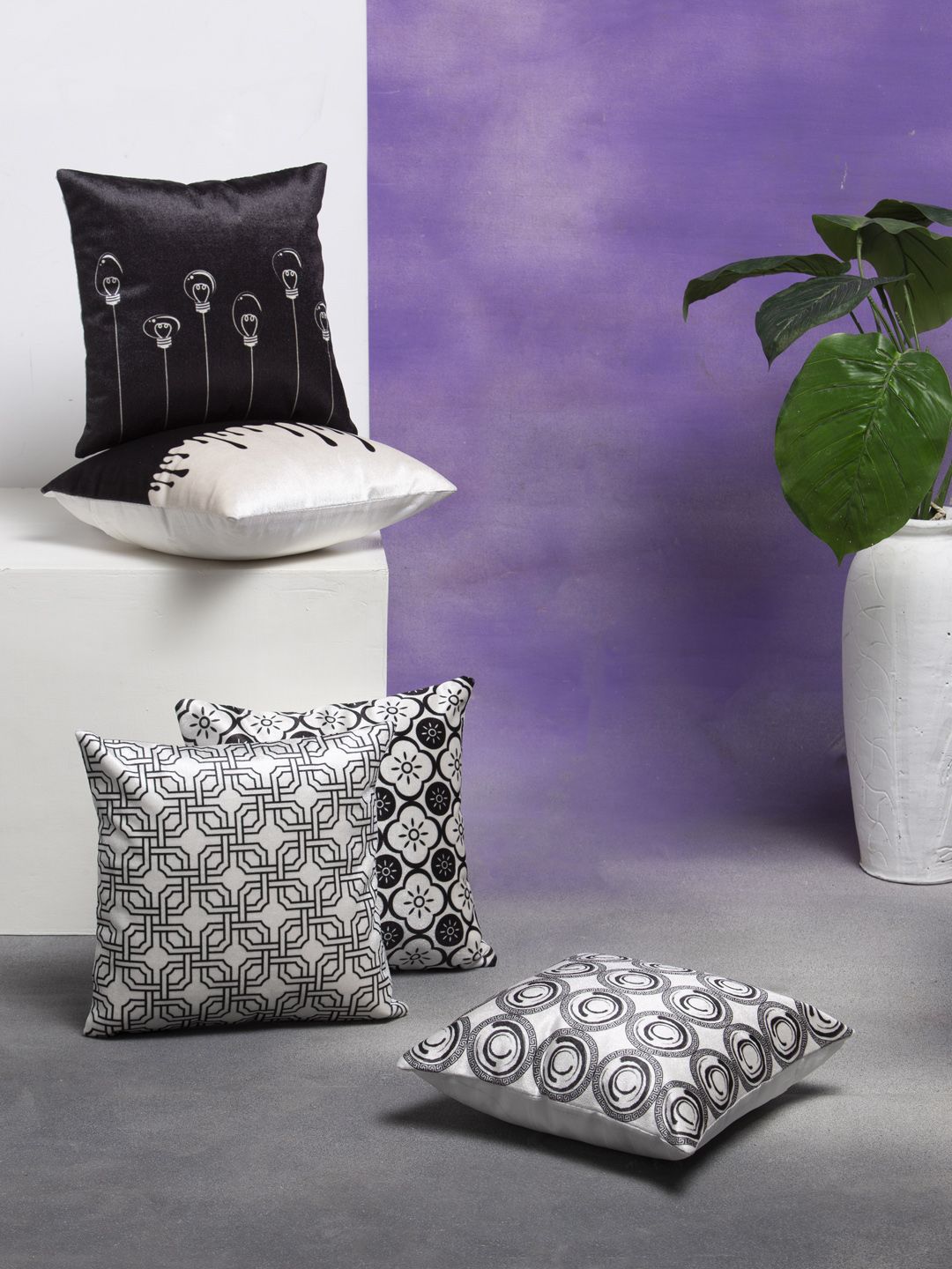 DREAM WEAVERZ Set of 5 Black & White Geometric Velvet Square Cushion Covers Price in India