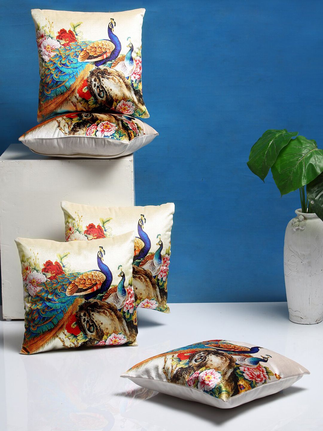 DREAM WEAVERZ Set of 5 White & Red Floral Printed Velvet Square Cushion Covers Price in India