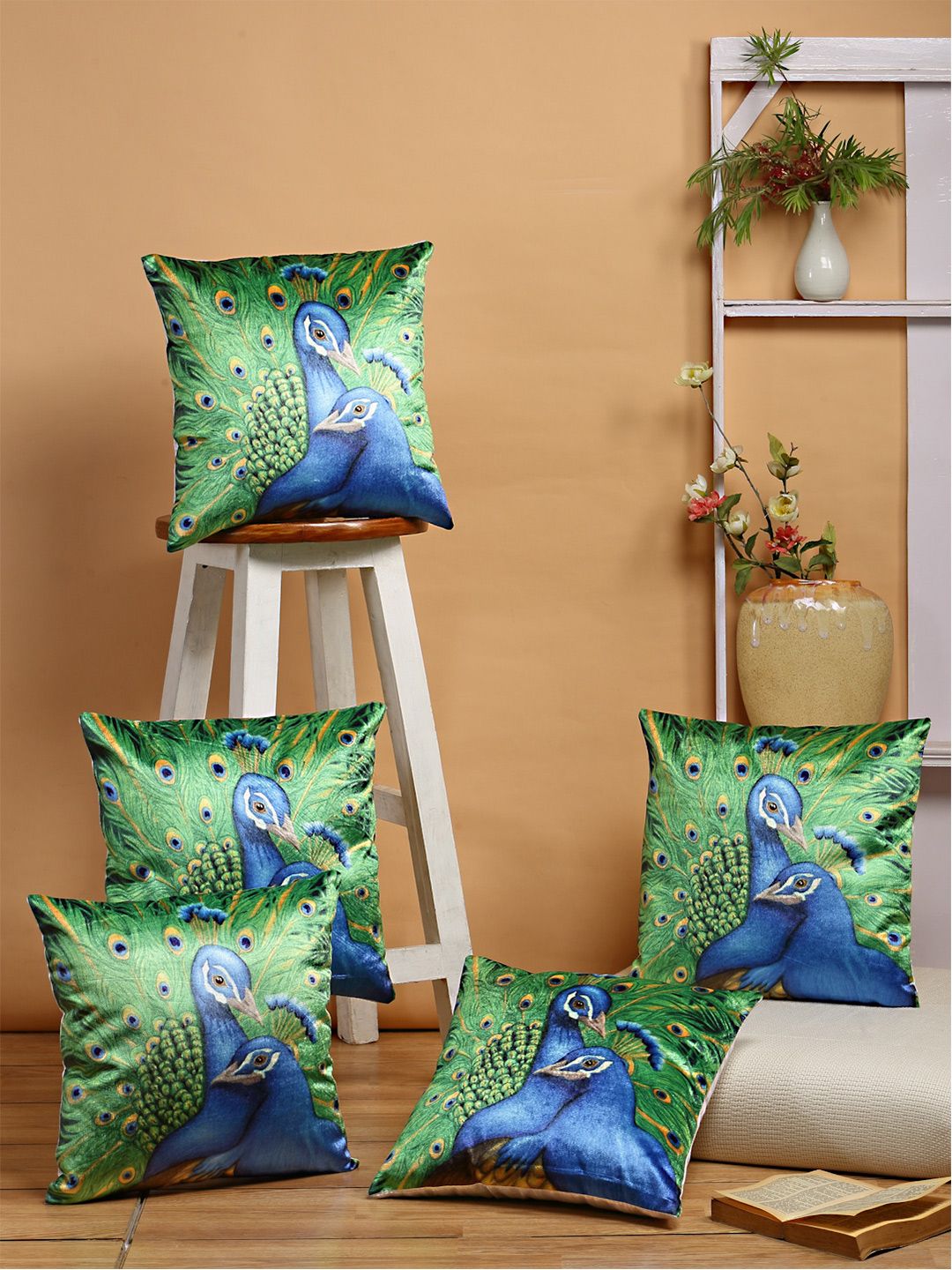 Green-Blue Peacock Set of 5 Velvet Square Cushion Covers Price in India