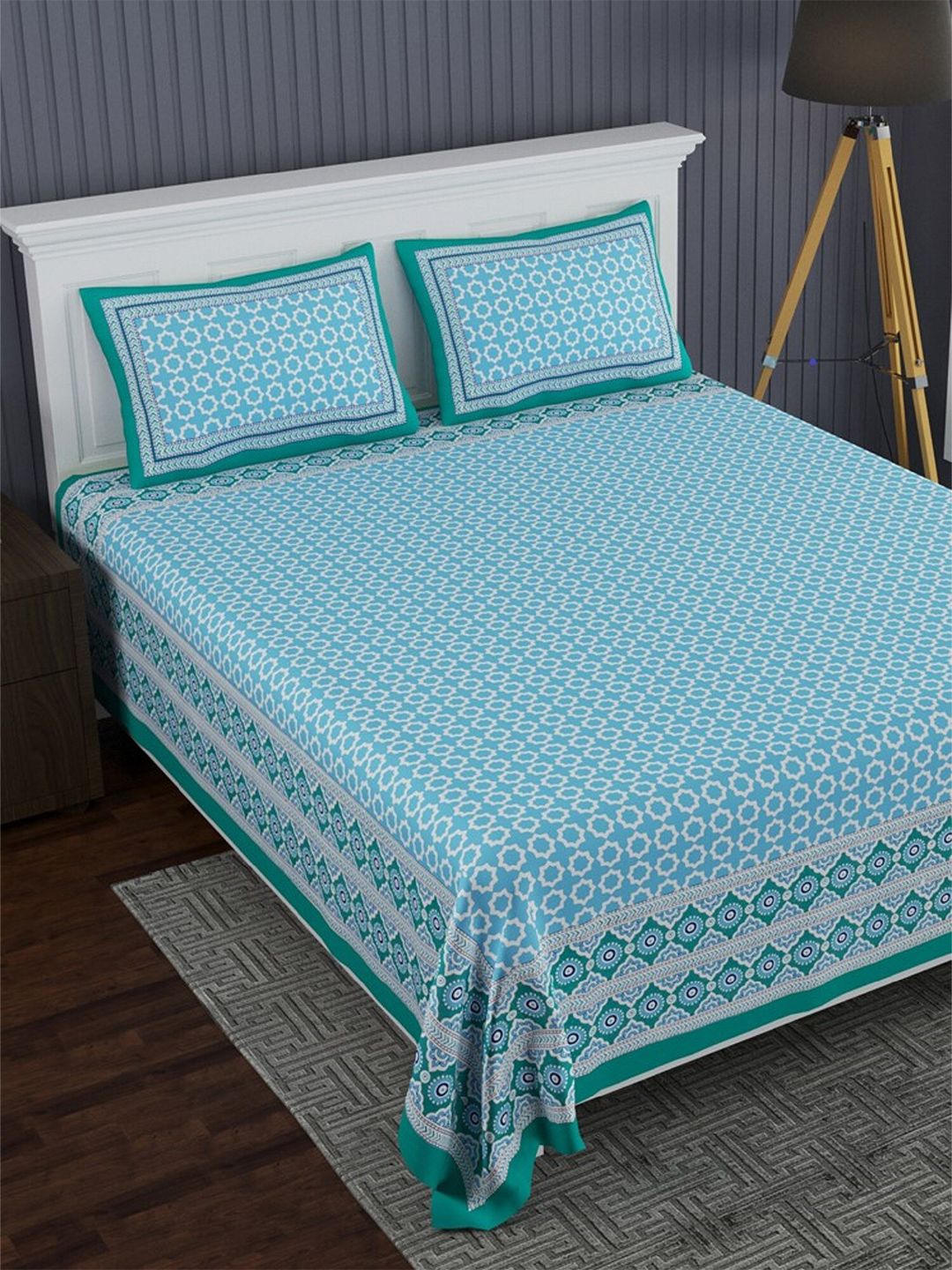 LIVING ROOTS Blue & Green Ethnic Motifs 210 TC Cotton King Bedsheet with 2 Pillow Covers Price in India