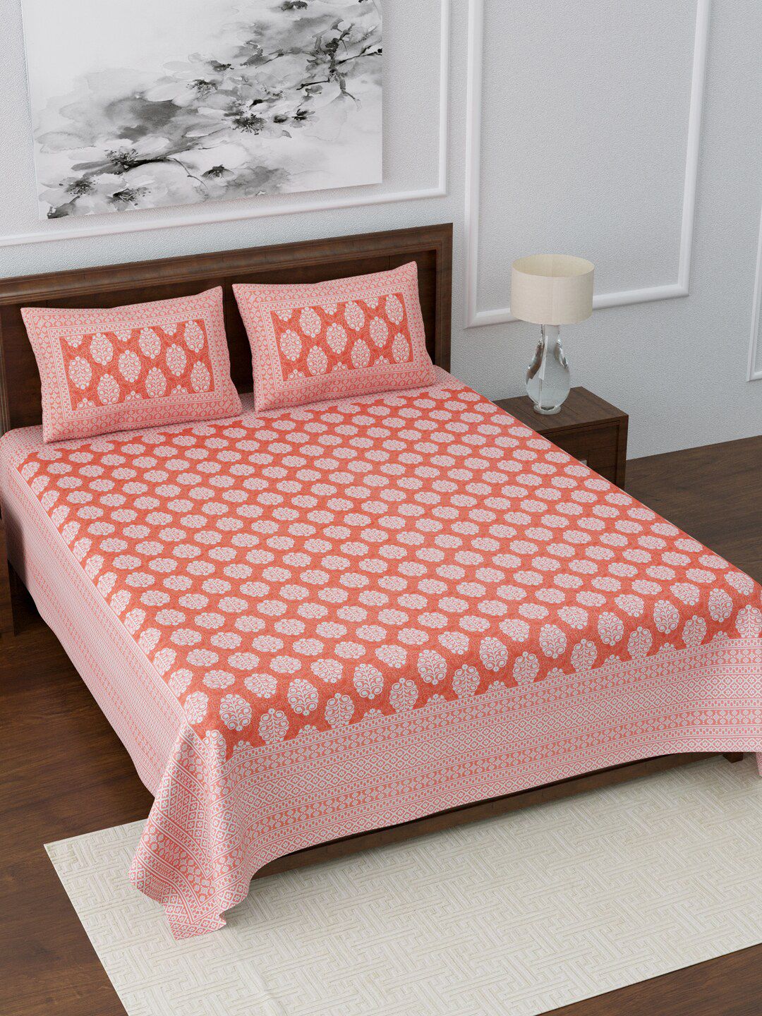 LIVING ROOTS Peach & White Jaipuri Print Cotton 210 TC Queen Bedsheet & 2 Pillow Covers Price in India