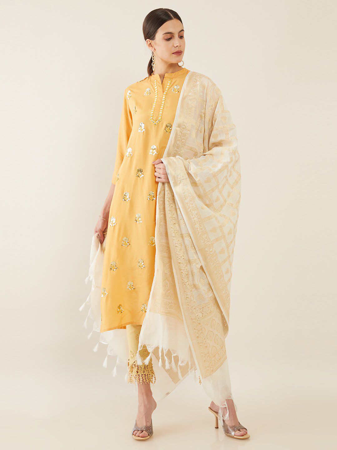Soch White & Gold-Toned Printed Viscose Rayon Dupatta Price in India