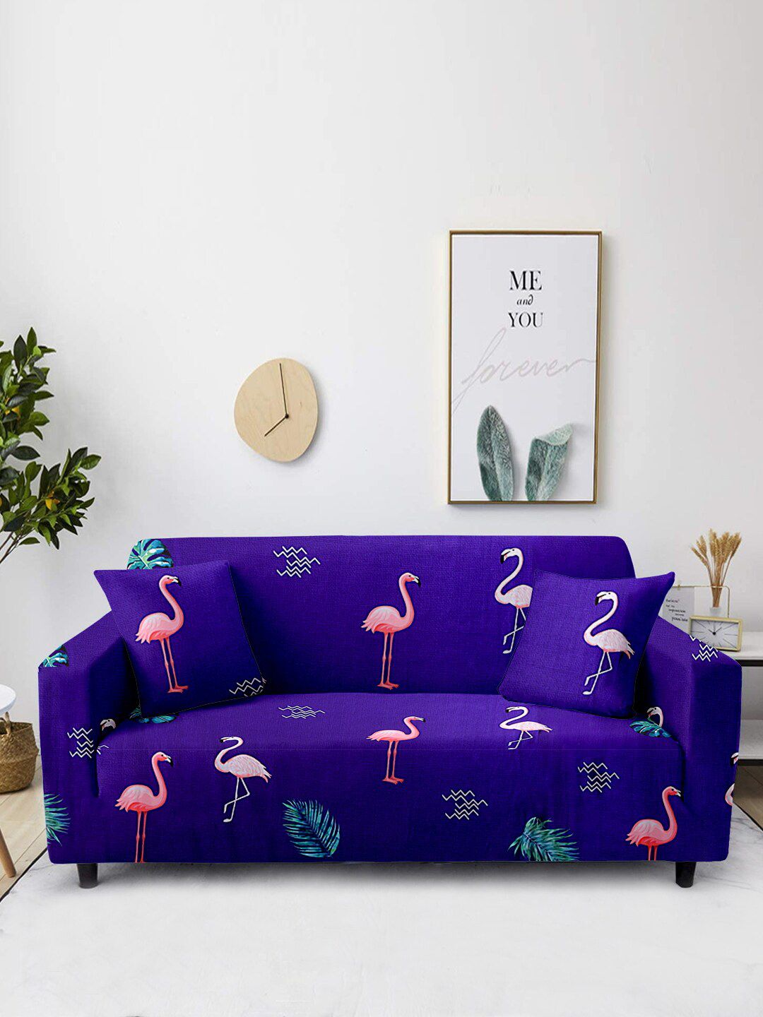 Cortina Blue Flamingo Printed 2 Seater Stretchable Sofa Cover Price in India