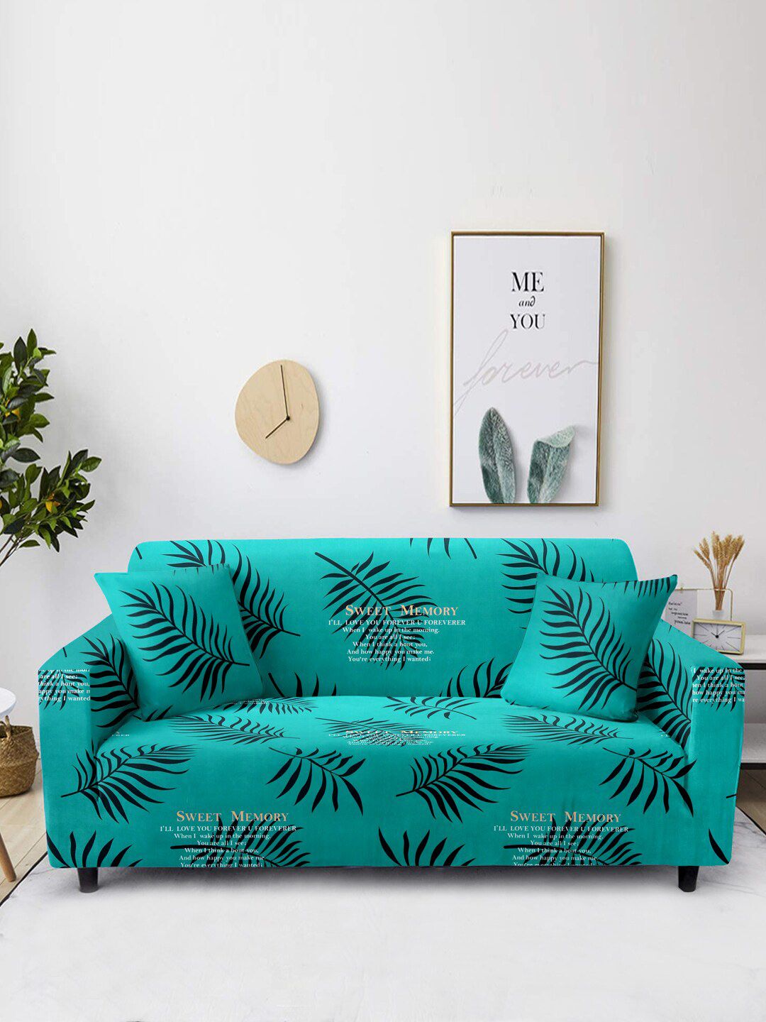 Cortina Turquoise Blue Printed 1 Seater Super-Stretchable Non-Slip Sofa Cover Price in India