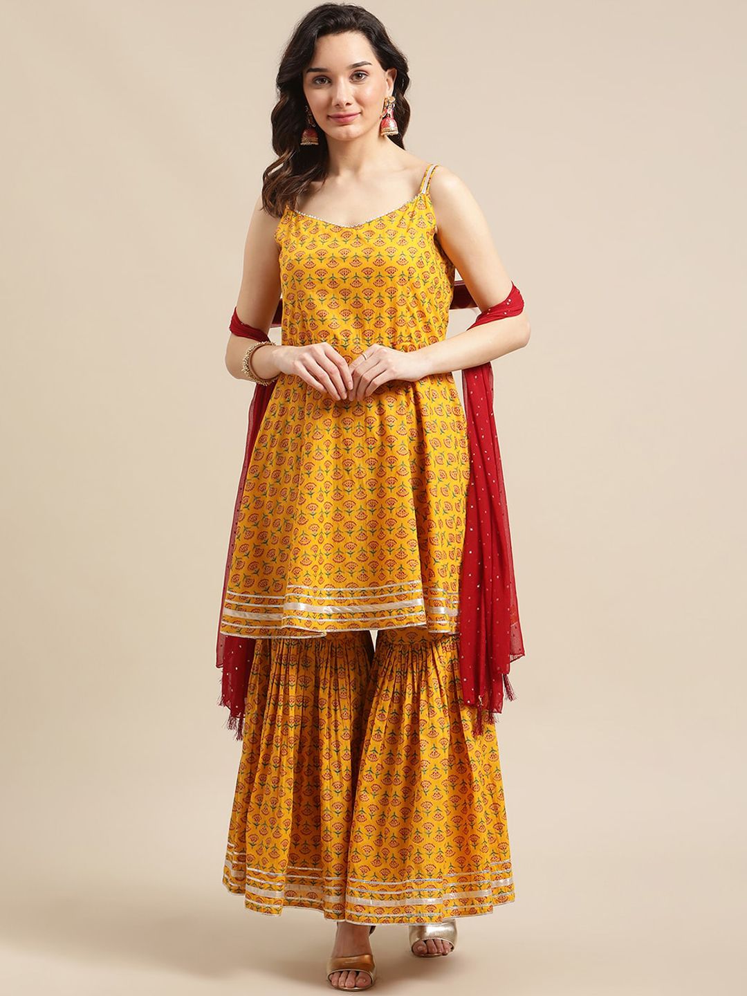 Varanga Women Mustard Yellow Ethnic Motifs Empire Gotta Patti Pure Cotton Kurti with Sharara & With Dupatta Price in India