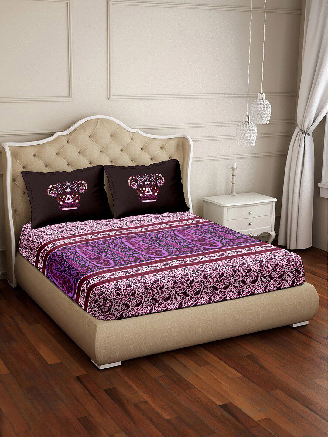 BELLA CASA Purple & Pink Ethnic Motifs 350 TC King Bedsheet with 2 Pillow Covers Price in India