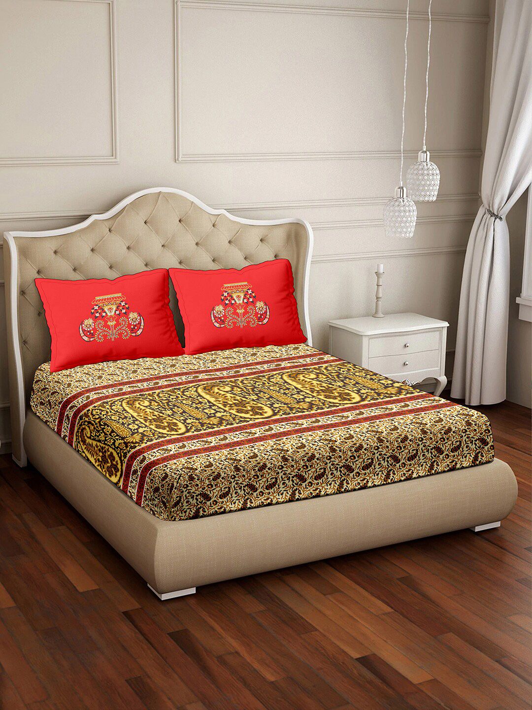 BELLA CASA Pink & Yellow Ethnic Motifs Pure Cotton 350 TC King Bedsheet & 2 Pillow Covers Price in India