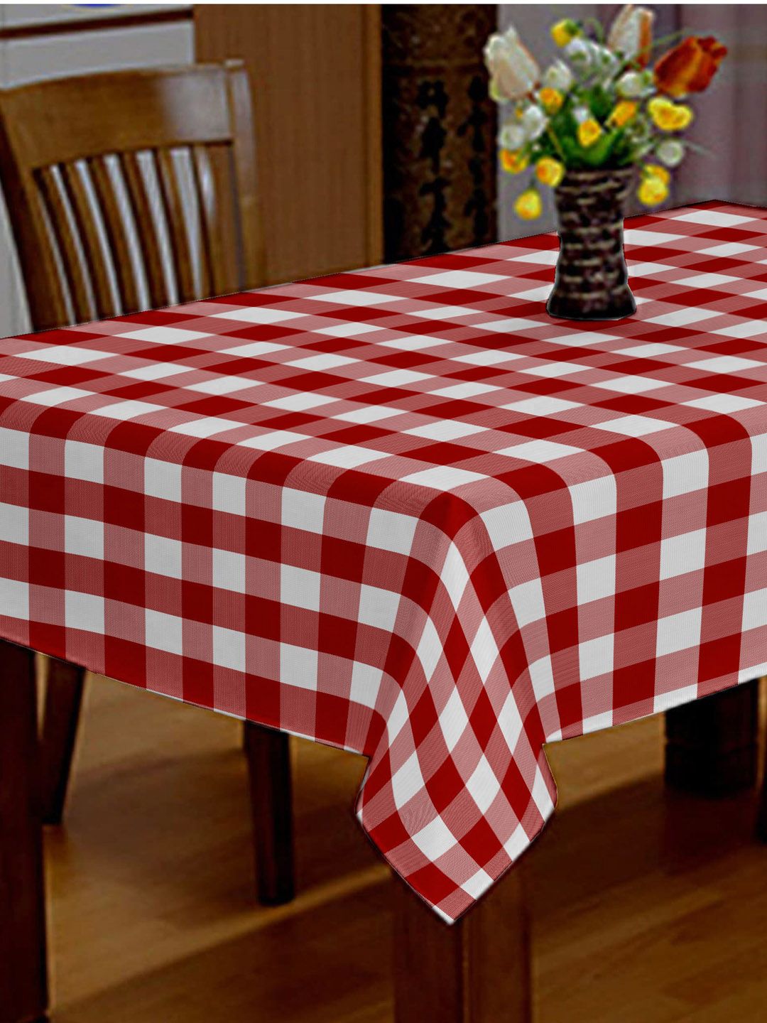 Lushomes Red & White Buffallo Checked Dining Table Cover Cloth Price in India