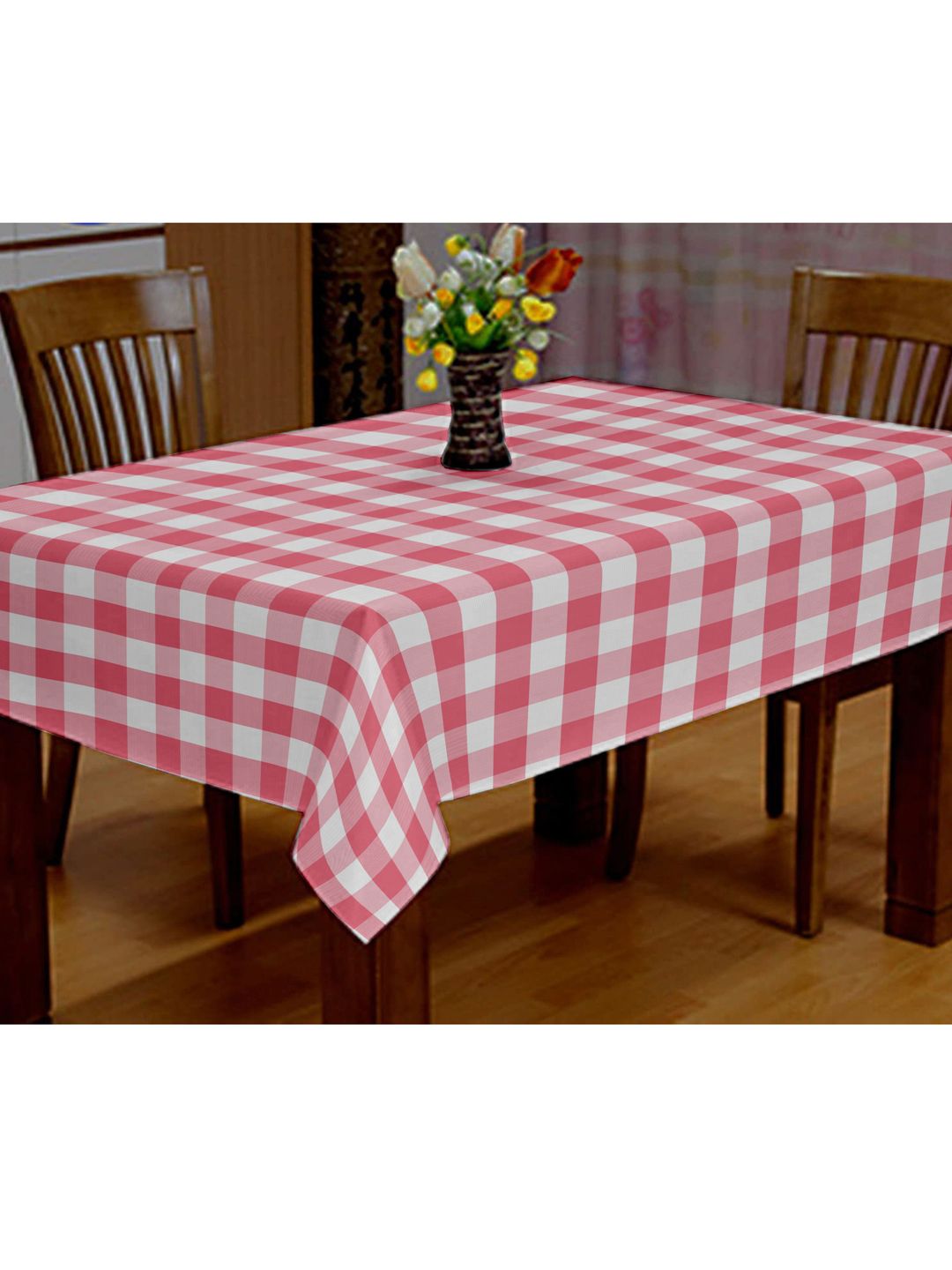 Lushomes Pink Buffalo Checks Square 4 Seater Dining Table Cover Cloth Price in India