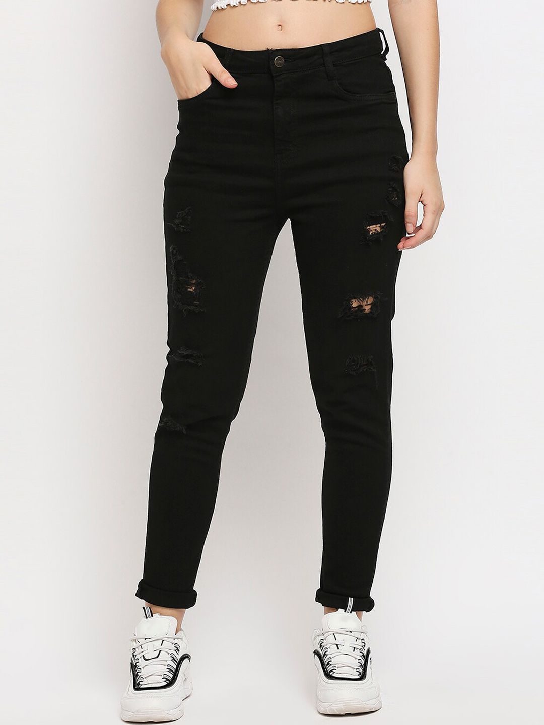 FREAKINS Women Black Skin Tight Skinny Fit High-Rise Mildly Distressed Stretchable Jeans Price in India