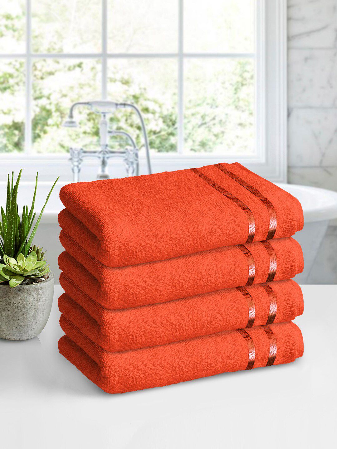Story@home Set of 4 Orange Striped 450GSM Pure Cotton Bath Towels Price in India