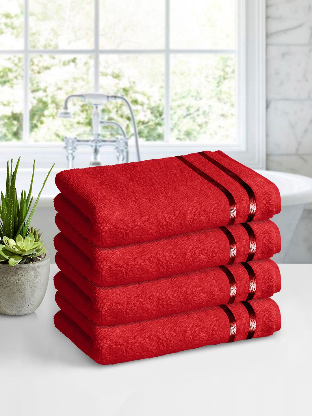 Story@home Red Set of 4 Solid 450 GSM Bath Towel Price in India
