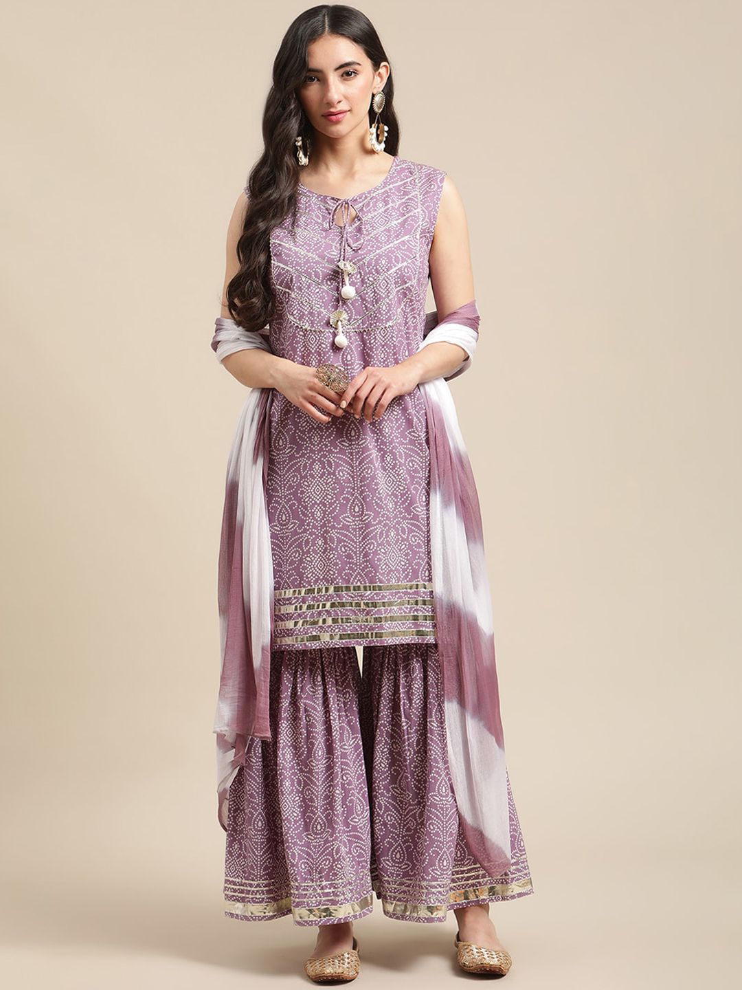 Varanga Women Lavender Ethnic Motifs Printed Panelled Gotta Patti Pure Cotton Kurti with Sharara & With Price in India