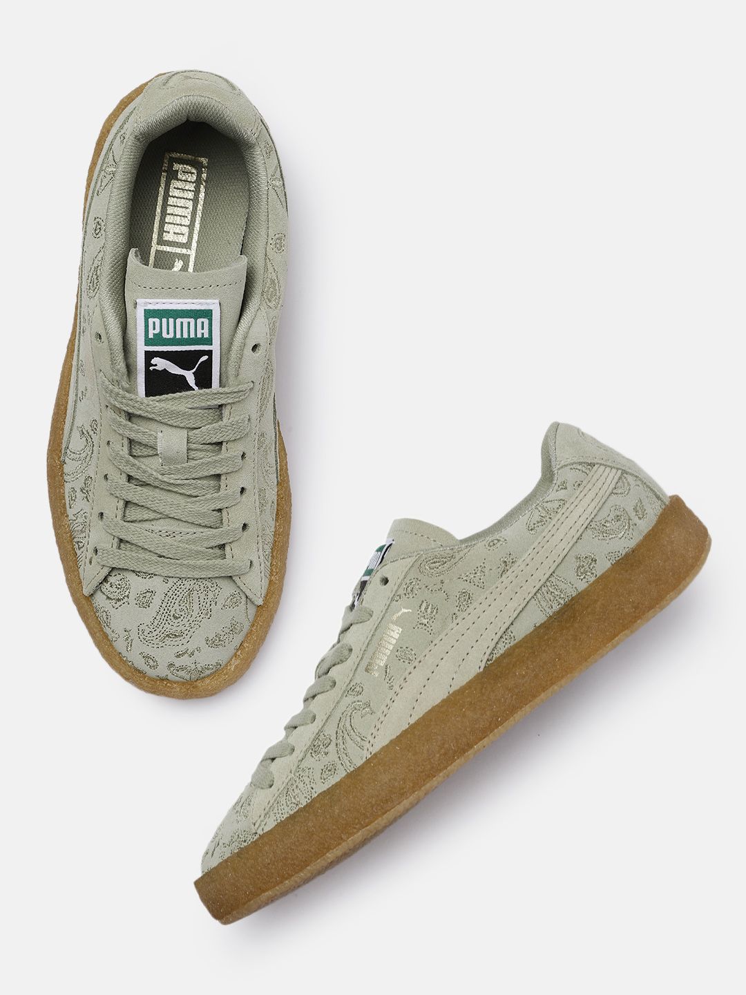 Puma Unisex Sage Green Embroidered Leather Sneakers Price in India