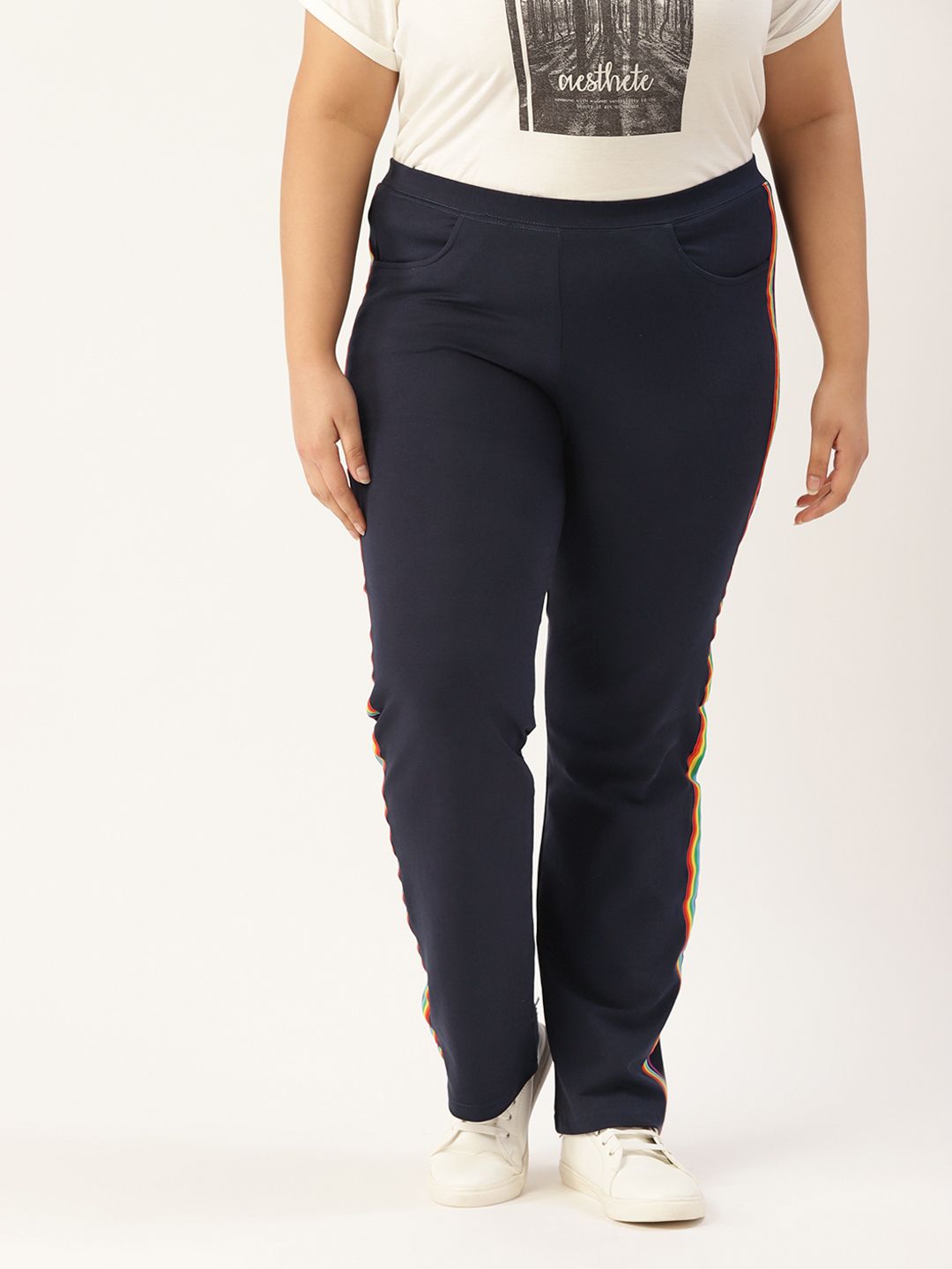 Revolution Women Navy Blue Relaxed High-Rise Trousers With Side Stripes Price in India