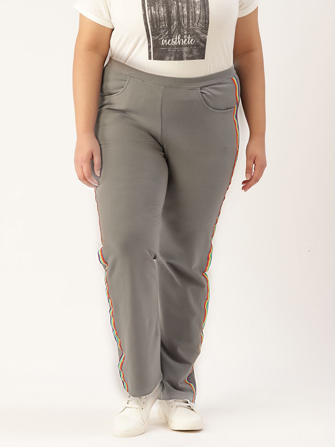 Revolution Women Grey Relaxed High-Rise Trousers With Side Stripes Price in India