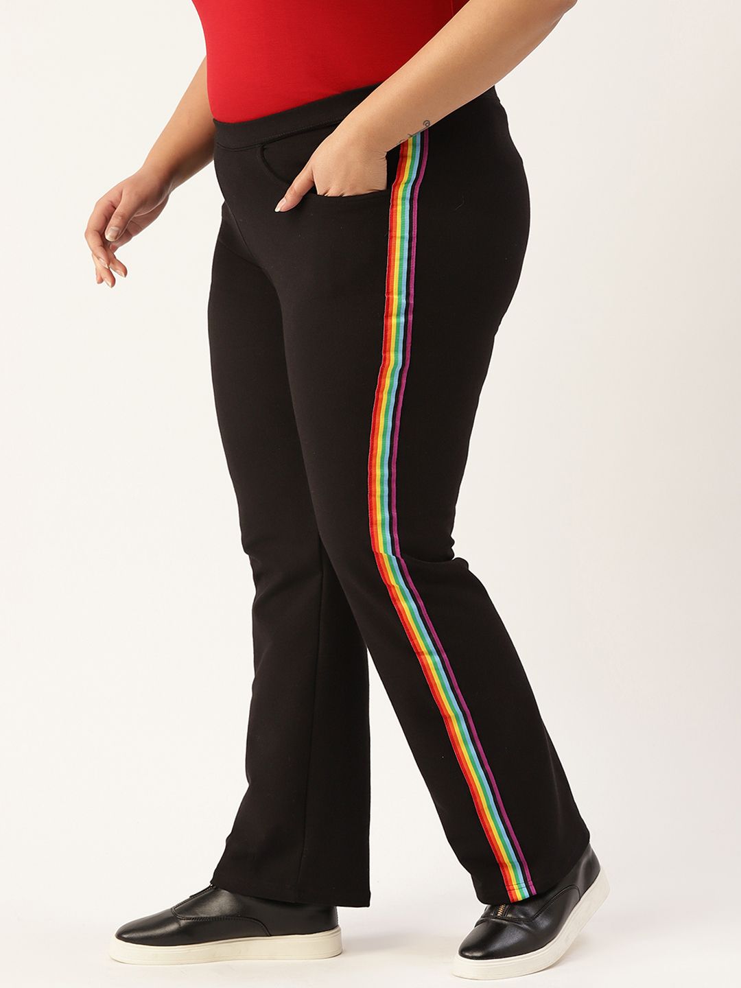 Revolution Women Black Relaxed High-Rise Trousers With Side Stripes Price in India