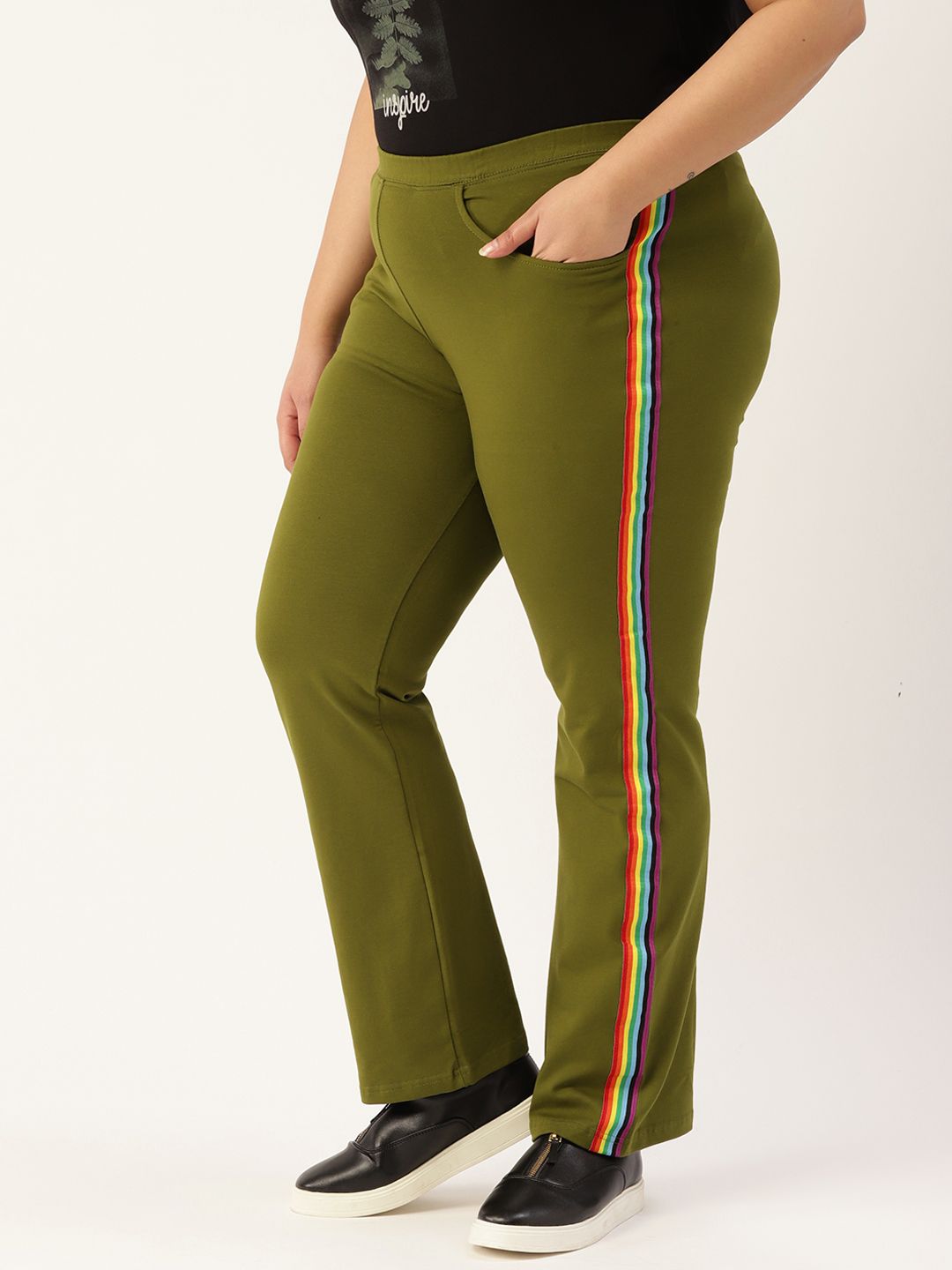 Revolution Women Green Relaxed High-Rise Trousers With Side Stripes Price in India