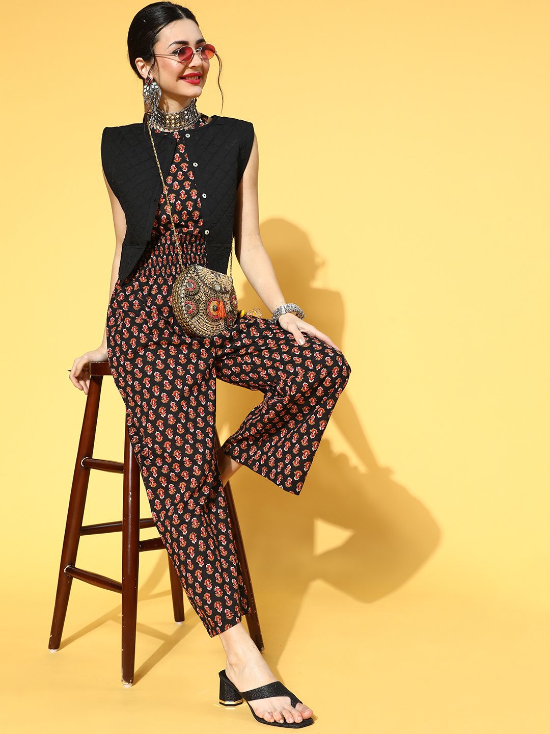 Yufta Women Black Pure Cotton Printed Jumpsuit Price in India