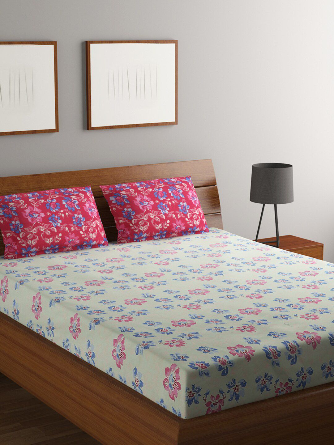 Raymond Home Off White & Blue Floral 140 TC Queen Bedsheet with 2 Pillow Covers Price in India