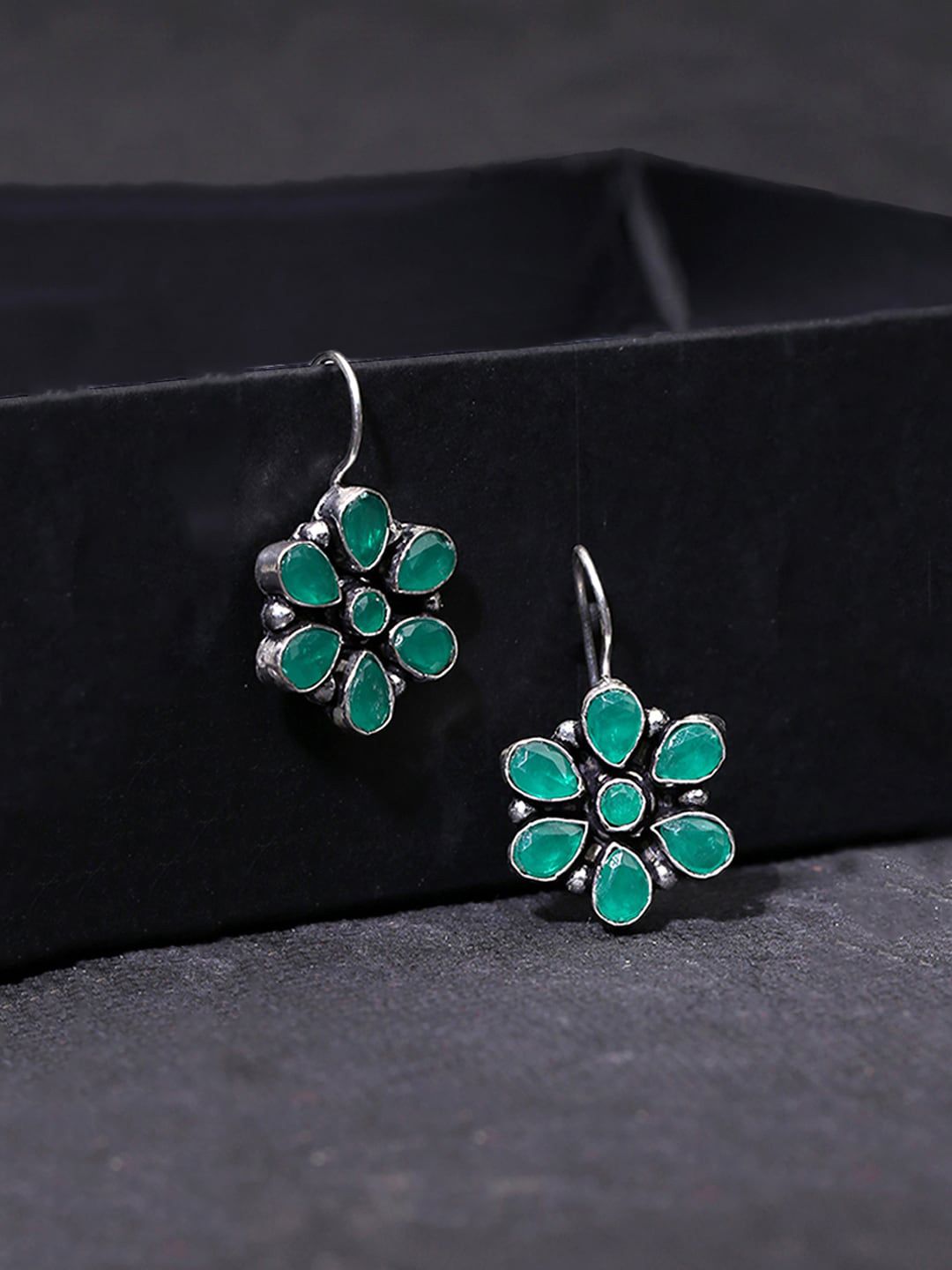 Yellow Chimes Green & Silver-Toned Floral Oxidized Drop Earrings Price in India