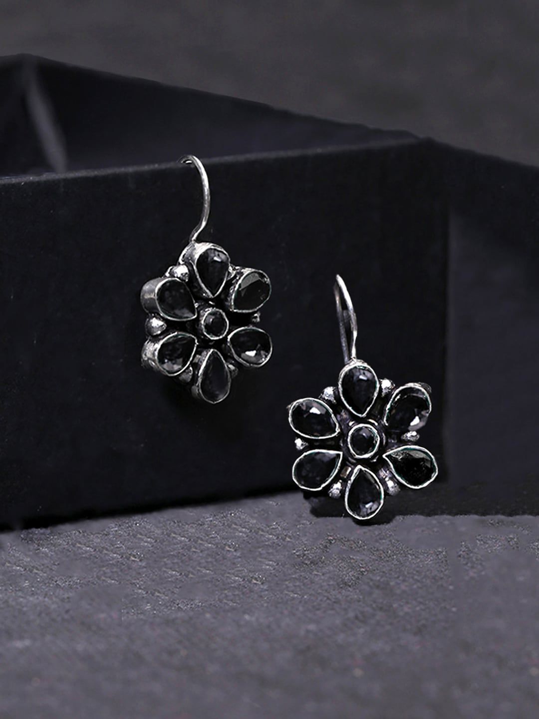 Yellow Chimes Black Silver Plated Oxidised Floral Drop Earrings Price in India