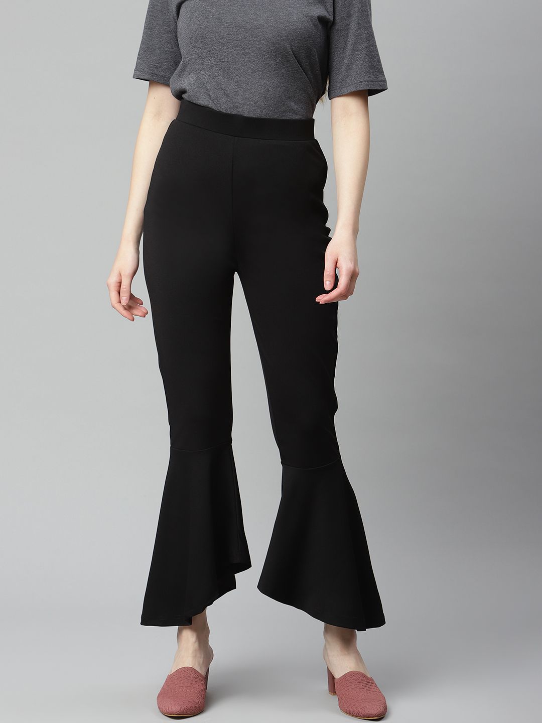 plusS Women Black Solid Bootcut Trousers Price in India