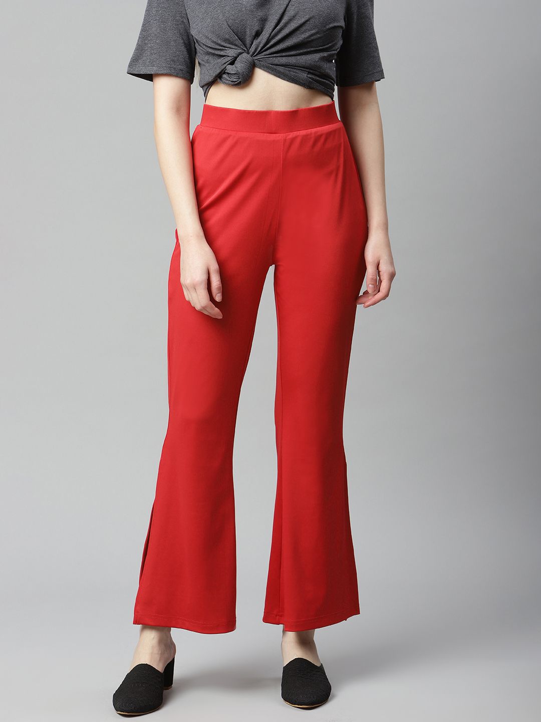 plusS Women Red Solid Bootcut Trousers Price in India