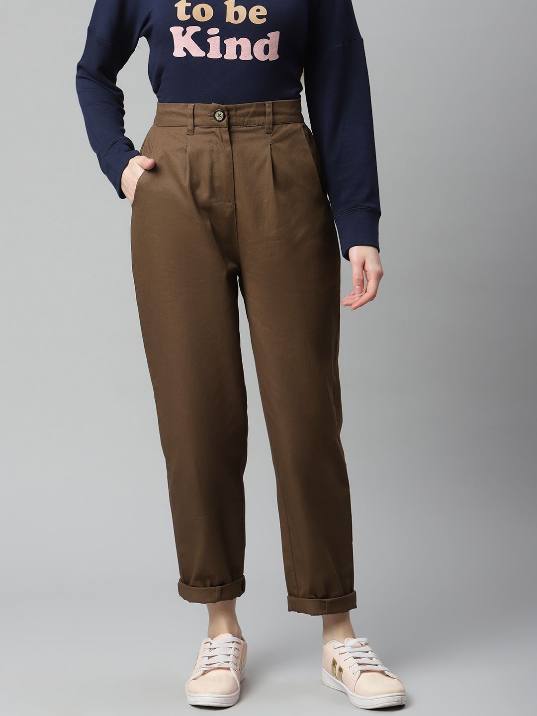 plusS Women Brown Solid Regular Trousers Price in India