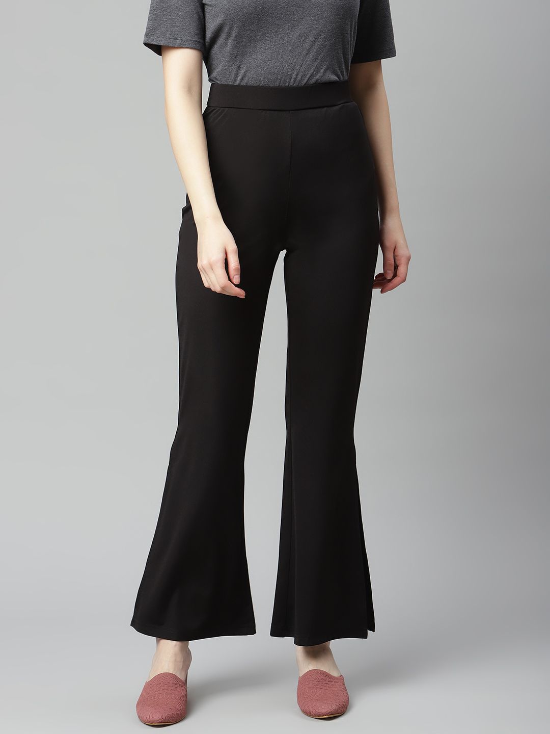 plusS Women Black Solid Bootcut Trousers Price in India