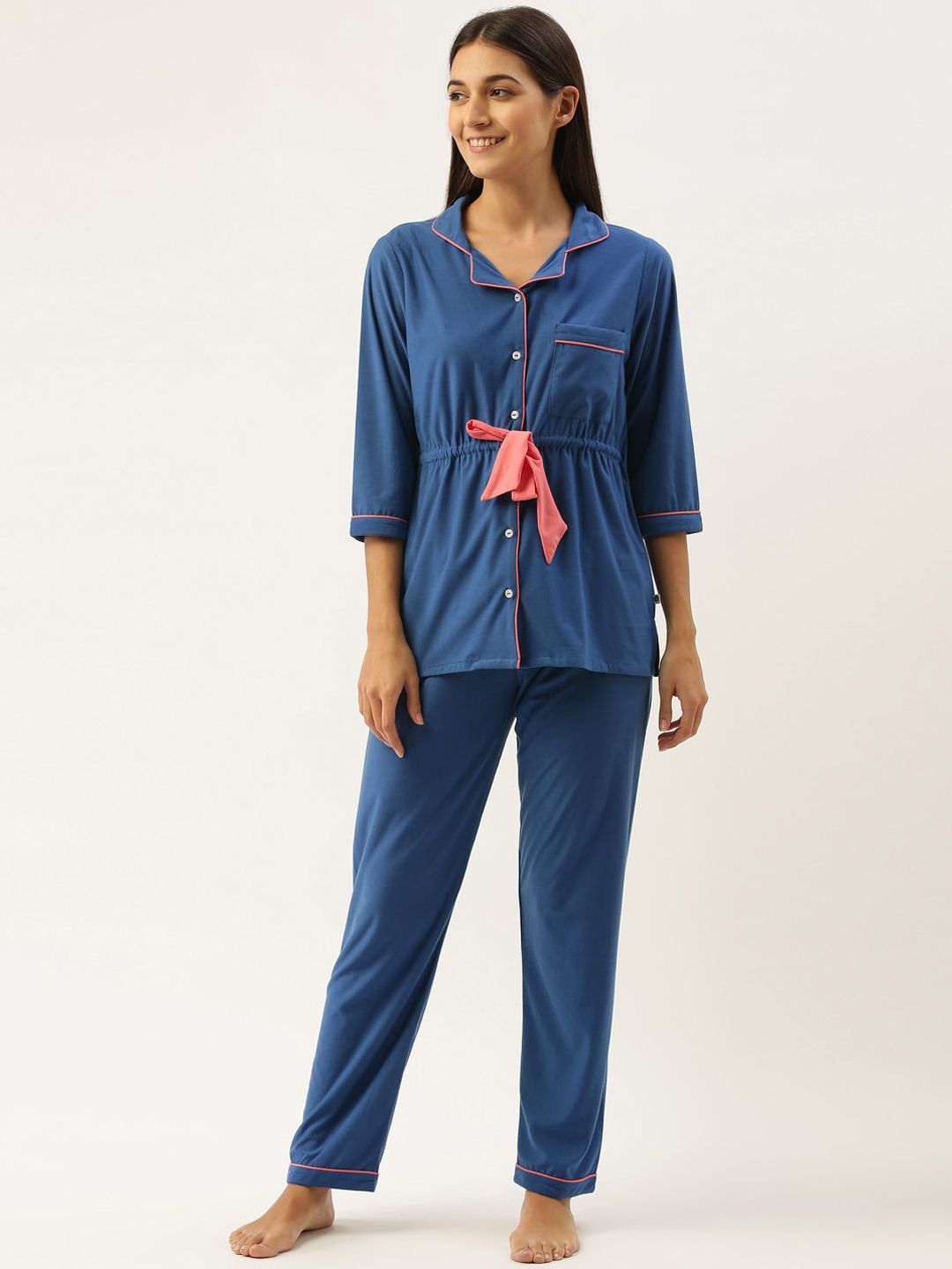 Bannos Swagger Women Blue & Pink Solid Night suit Price in India