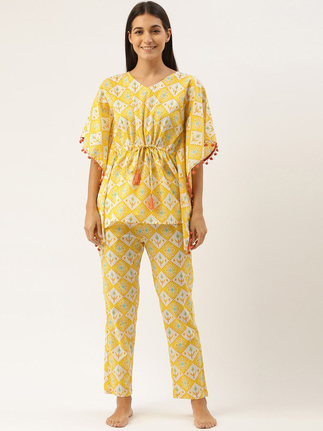 Bannos Swagger Women Yellow & White Printed Night suit Price in India