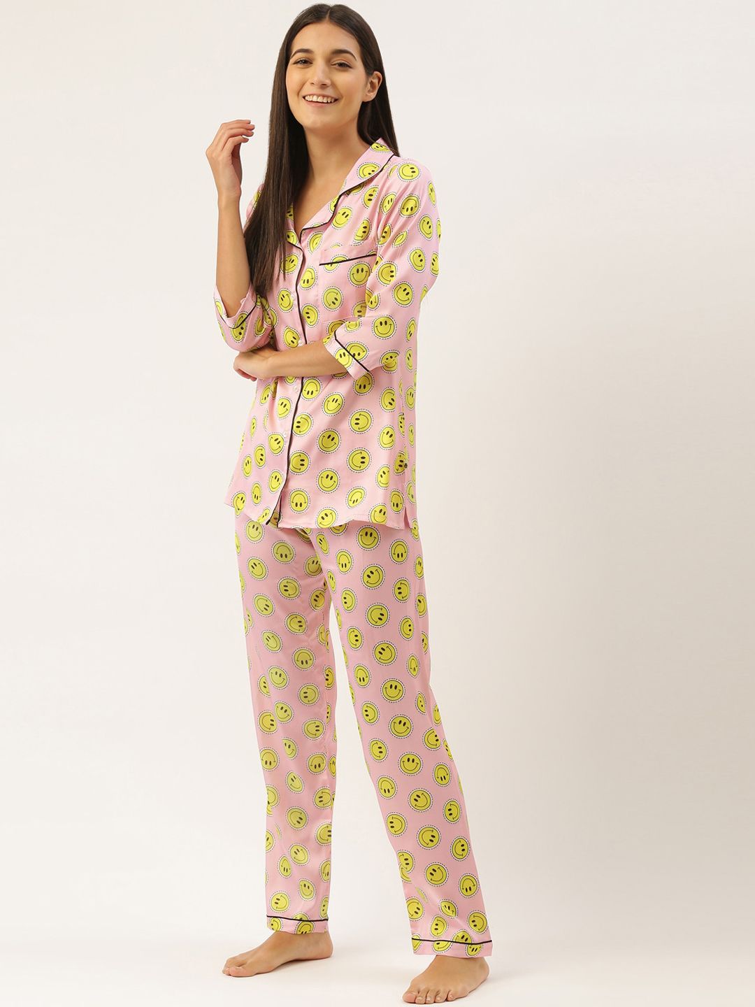 Bannos Swagger Women Pink & Yellow Cartoon Characters Printed Satin Night suit Price in India