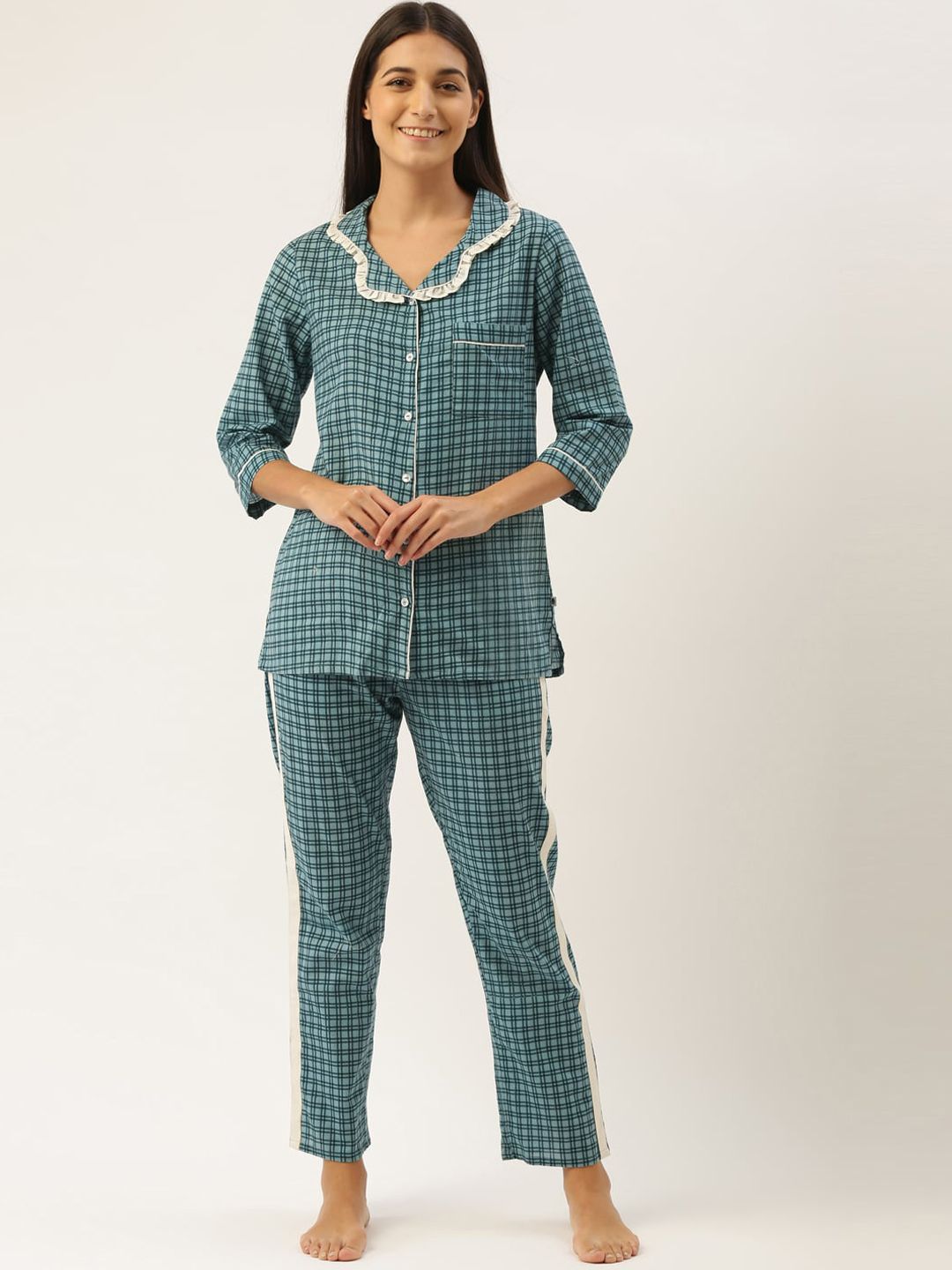 Bannos Swagger Women Blue & Teal Checked Night Suit Price in India