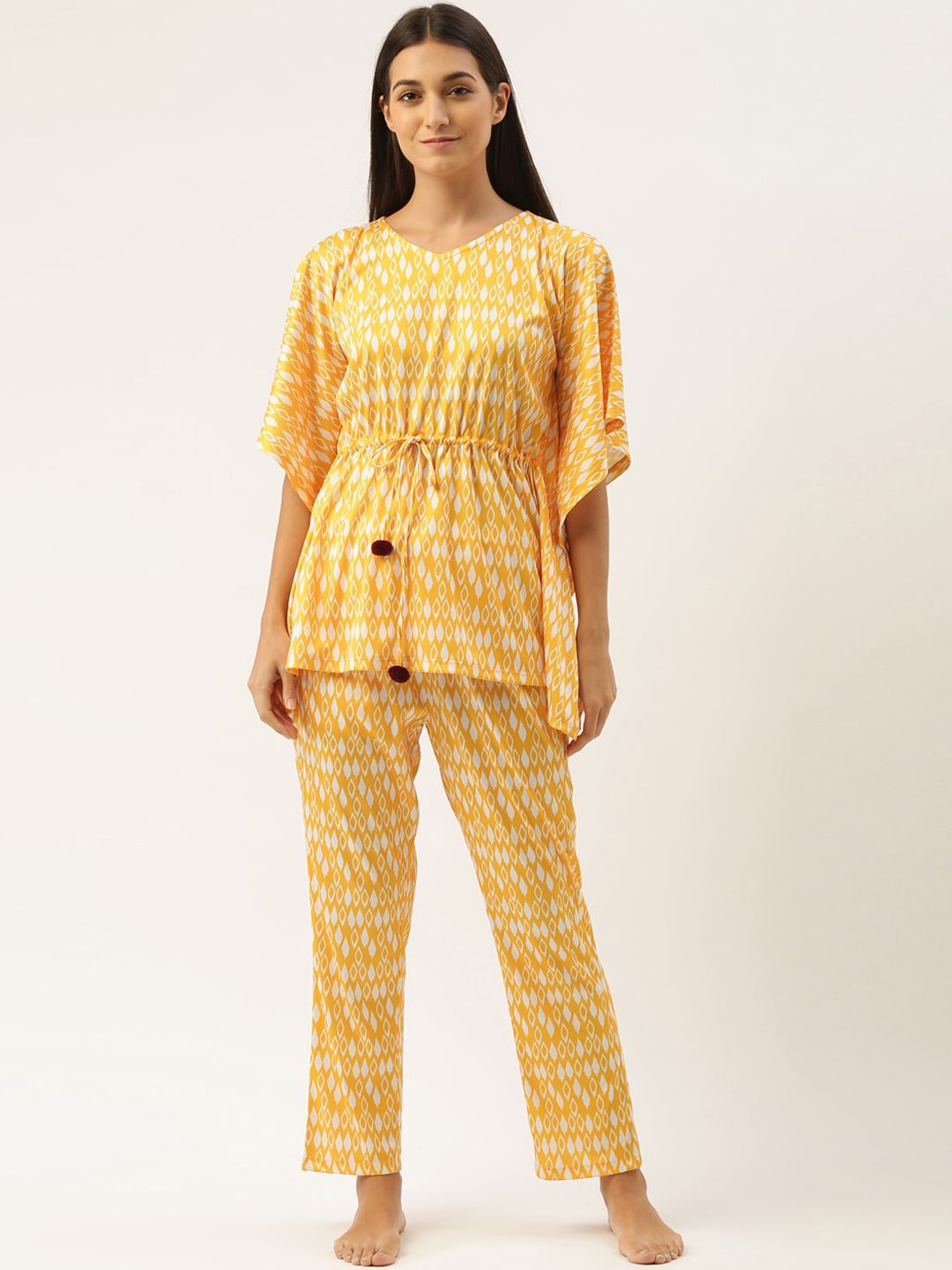 Bannos Swagger Women Yellow & White Printed Night suit Price in India