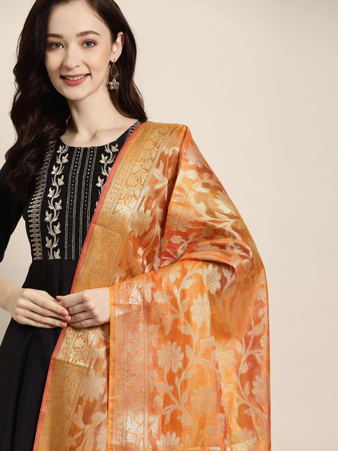 Shae by SASSAFRAS Mustard & Orange Ethnic Motifs Woven Design Banarasi Dupatta Price in India