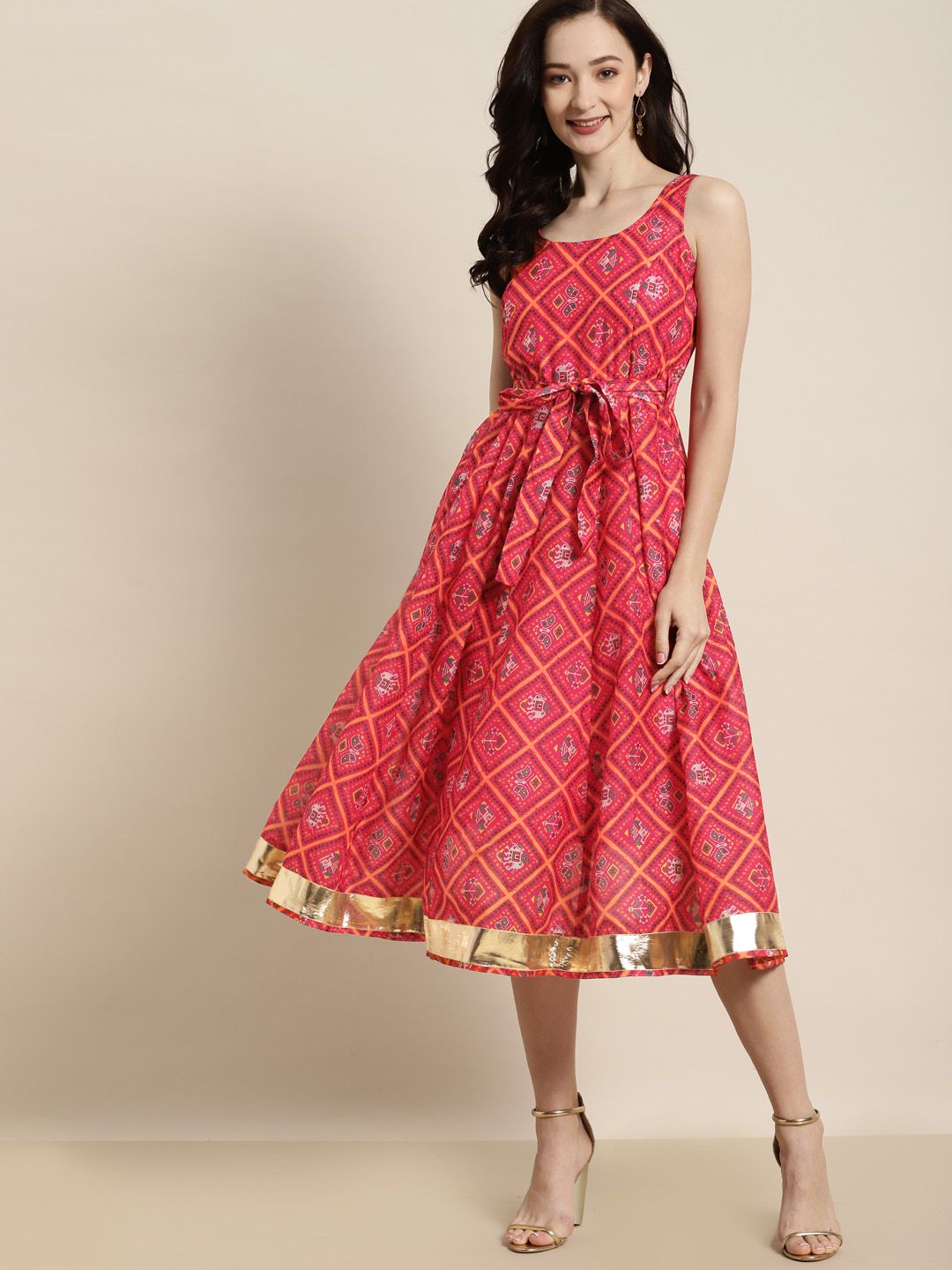 Shae by SASSAFRAS Pink & Green Patola Sleeveless Anarkali Dress Price in India