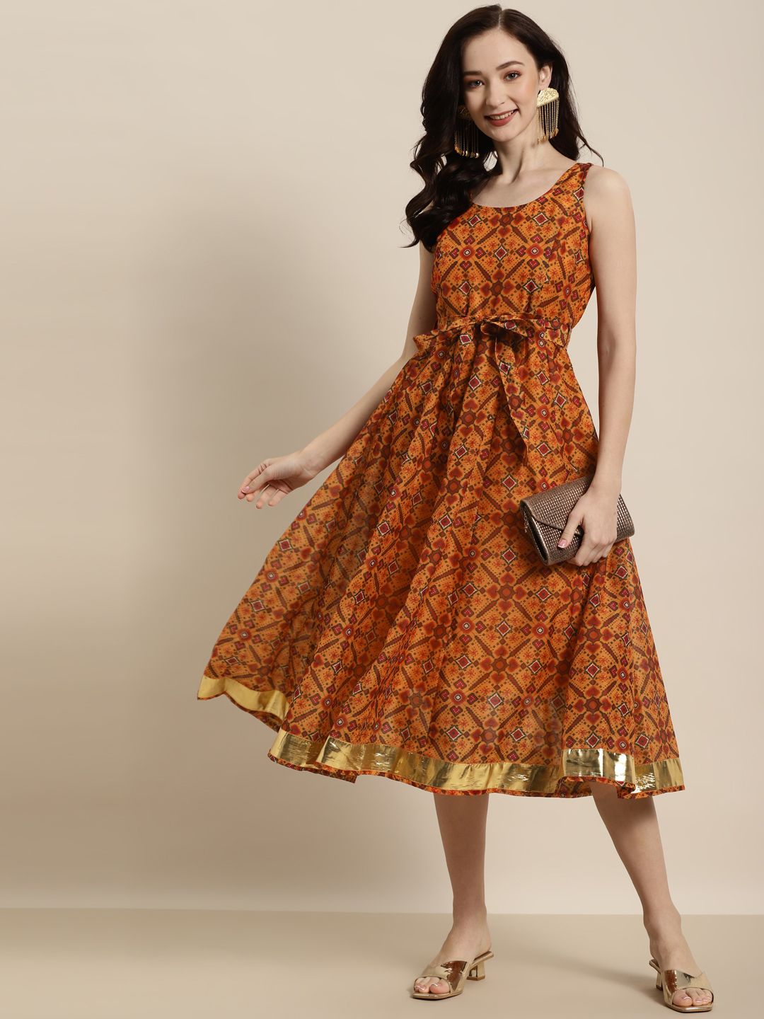 Shae by SASSAFRAS Mustard Yellow & Green Patola Sleeveless Anarkali Dress Price in India